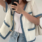 簡単スタイルアップ  韓国ファッション  レトロ カラーマッチング 半袖 ボタン マルチポケット コート
