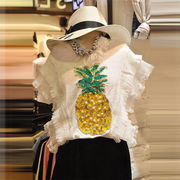 美少女すぎる！INSスタイル 可愛い ビーズ スパンコール パイナップル パターン 竹の節の綿 半袖 Tシャツ