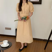 シンプル Vネック シングルブレスト スリム パフスリーブ ワンピース レディース 韓国ファッション