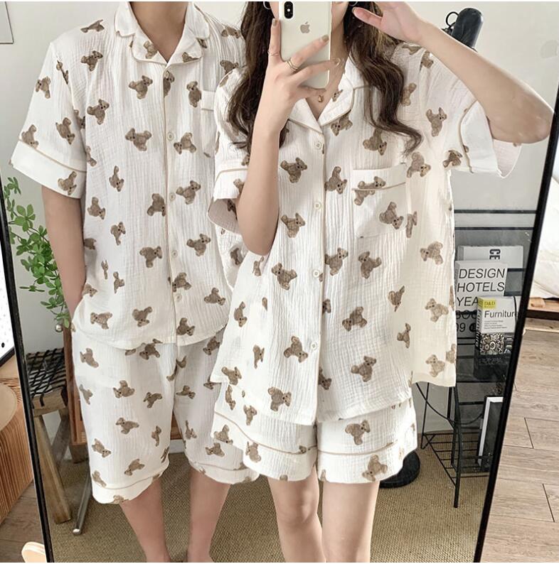韓国 新作 親肌綿糸 漫画カップルのパジャマがゆったりしていて、可愛い子熊家着半袖セット X-XL