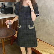 〈即納〉今から使える 韓国ファッション レトロ 小さな香りの風 金糸 織ります 格子縞 半袖 ワンピース