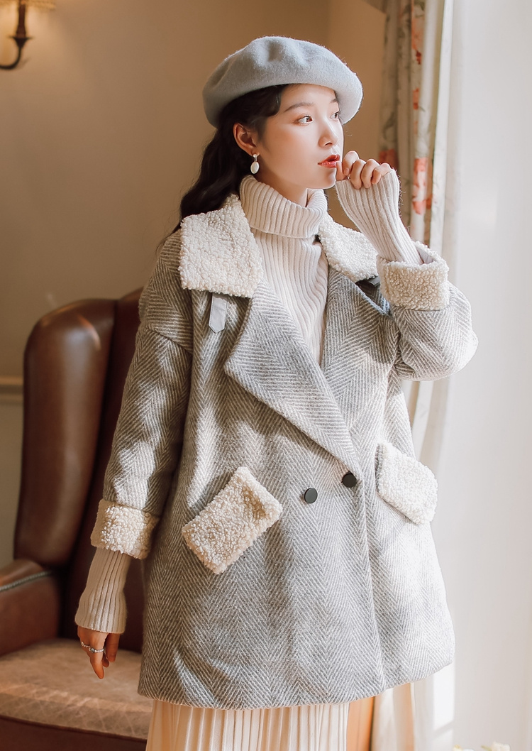 韓国ファッション2021 冬 気質レトロ 子羊の毛ネック ダブルボタン チェスターコート 暖かい カジュアル