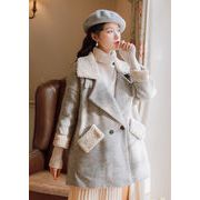 韓国ファッション2021 冬 気質レトロ 子羊の毛ネック ダブルボタン チェスターコート 暖かい カジュアル