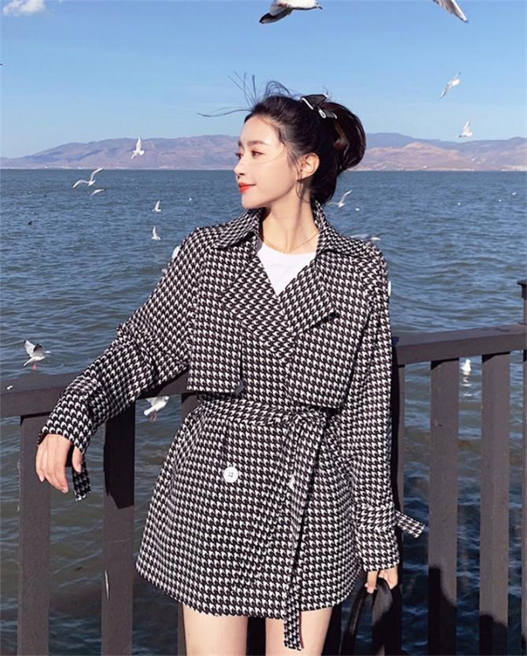 シルエットが美しい 韓国ファッション コート 受け取って腰 薄かった 千鳥格子 格子縞 トレンチコート