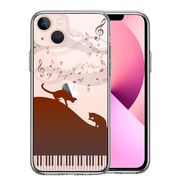 iPhone13mini 側面ソフト 背面ハード ハイブリッド クリア ケース ピアノ シルエット猫 ブラウン