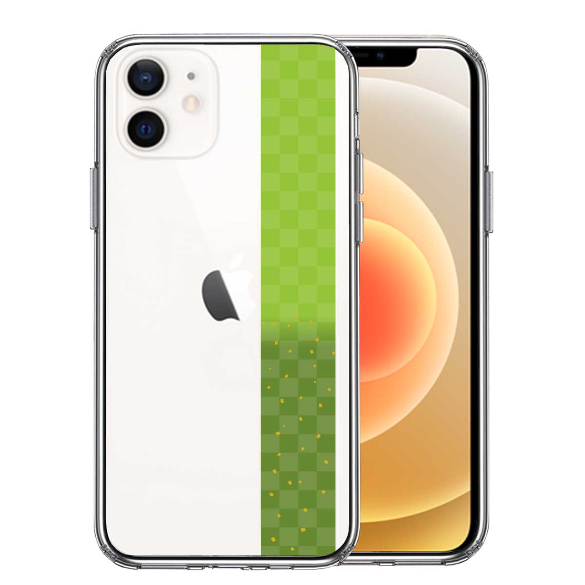 iPhone12 側面ソフト 背面ハード ハイブリッド クリア ケース 和柄 帯  市松模様 グリーン 緑 金箔