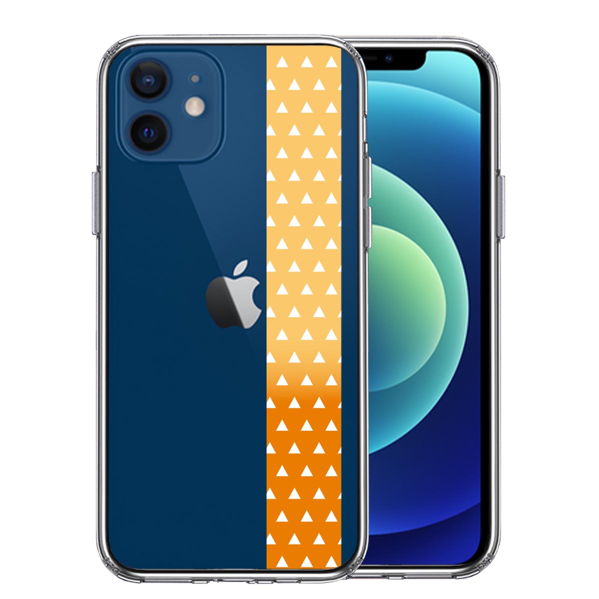 iPhone12mini 側面ソフト 背面ハード ハイブリッド クリア ケース 和柄 帯  鱗紋 うろこ紋 黄色 オレンジ