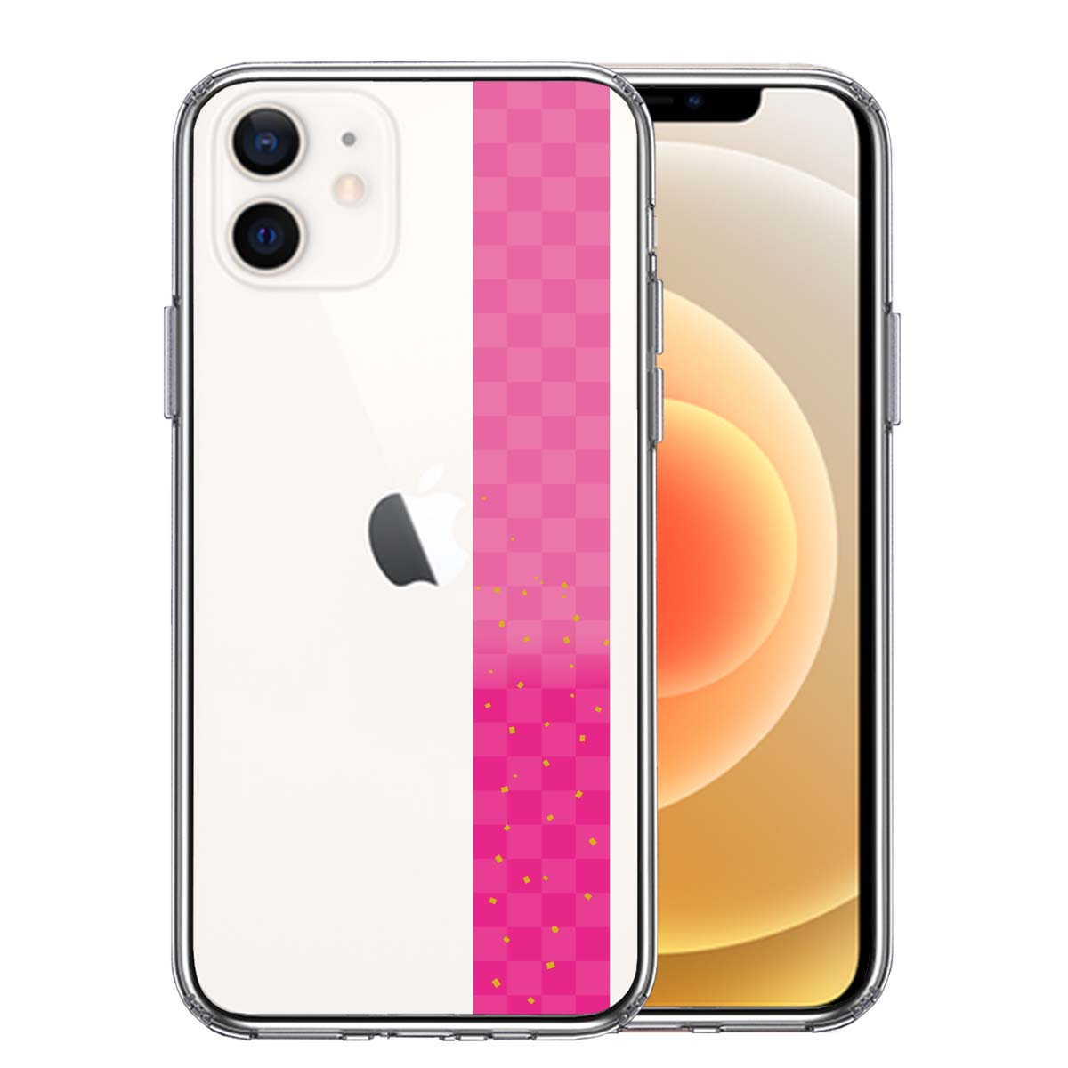 iPhone12mini 側面ソフト 背面ハード ハイブリッド クリア ケース 和柄 帯  市松模様 ピンク 金箔