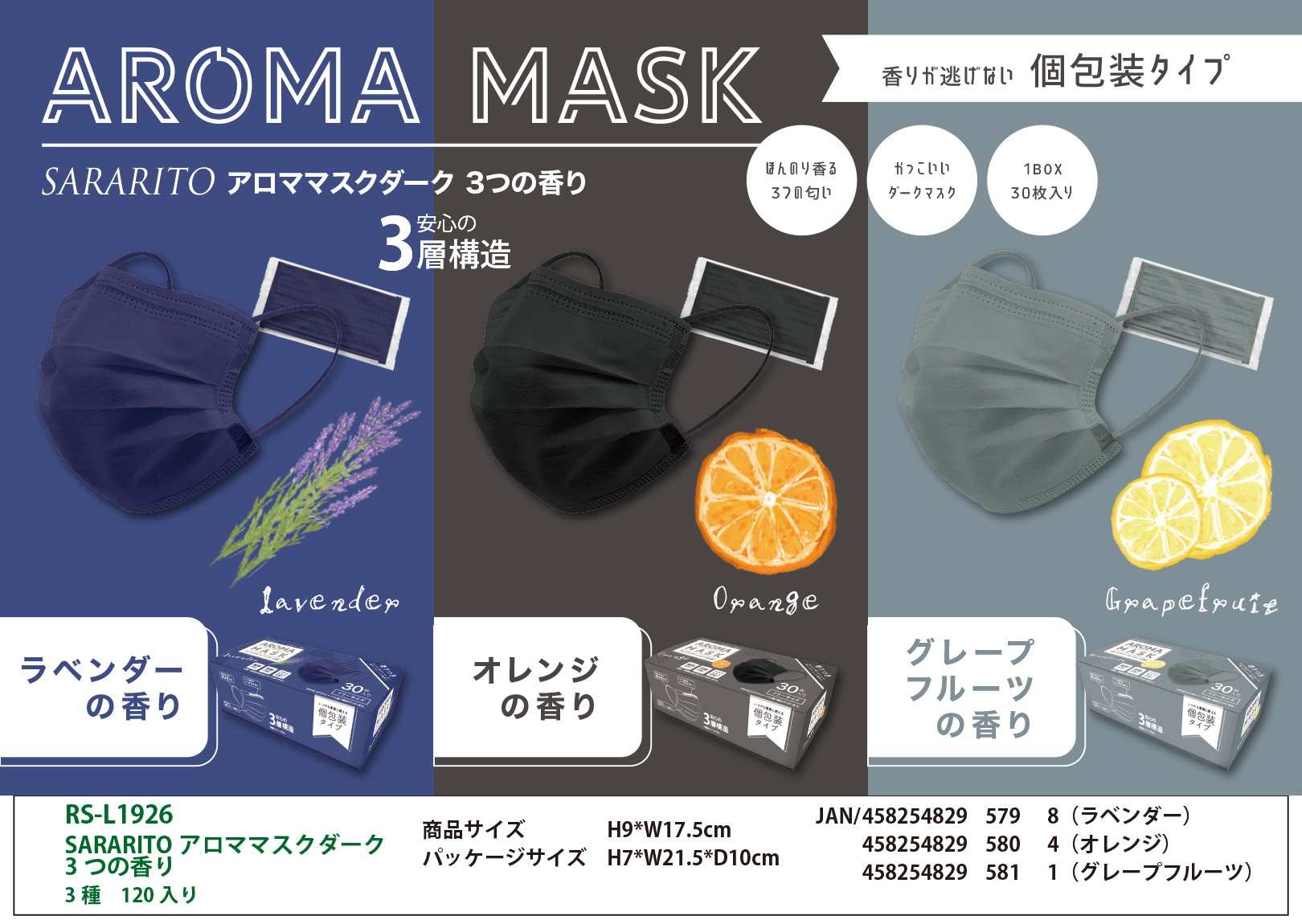 香り付き不織布マスク　RS-L1926 SARARITO アロママスク ダーク 3つの香り 個包装 30枚入