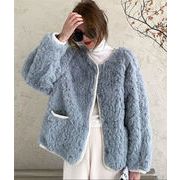 韓国ファッション 2021 冬 ゆったりする カジュアル 子羊の毛 単体ボタン ラウンドネック コート
