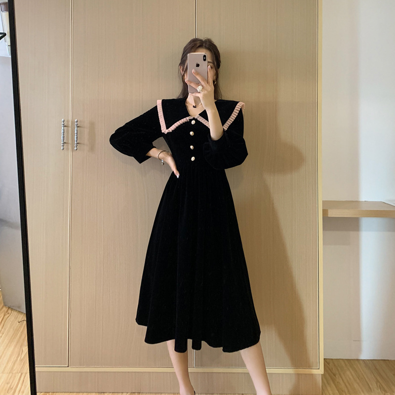 ベルベットの大きいサイズの女装ワンピースの新型春秋高腰ファッション