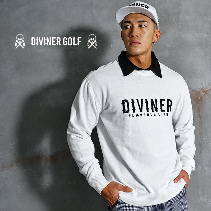 【ゴルフウェア】オリジナルロゴセーターコットンクルーネックニット／DIVINER GOLF
