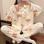 シンプルなパジャマ女性長袖ニット綿新韓国版かわいい少女パジャマセット家庭服