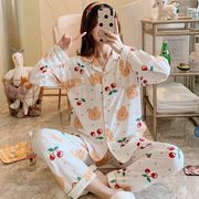 韓国版パジャマ女性長袖カーディガンシンプルでかわいい家庭服薄いさくらんぼ春パジャマセット