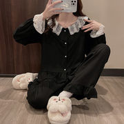 レースパジャマ女性長袖韓国版シンプルでファッション的なレトロなパジャマセット春秋家庭服