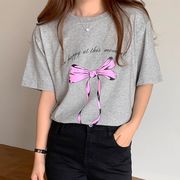 リボンTシャツ　トップス　レディース　INS　韓国ファッション　デザイン　春夏　バレエコア