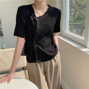 穿きやすく使いやすい 韓国ファッション ニット カーディガン レディース 半袖 スリム Tシャツ