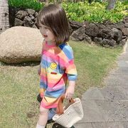 新しい 子供服★女の子Tシャツ スカート  虹 スマイリー   半袖 ワンピース  キッズ服 純綿  韓国子供服