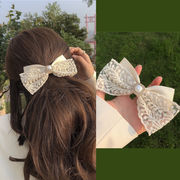 ホワイトボウヘアクリップ、パールレース刺&#32353;素材、髪飾り、韓国ヘアアクセサリー、ヘアピン
