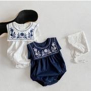 夏　ロンパース　韓国風　子供服　ベビー服　可愛い　花柄　刺繍ロンパース　ノースリーブ　セーラー服