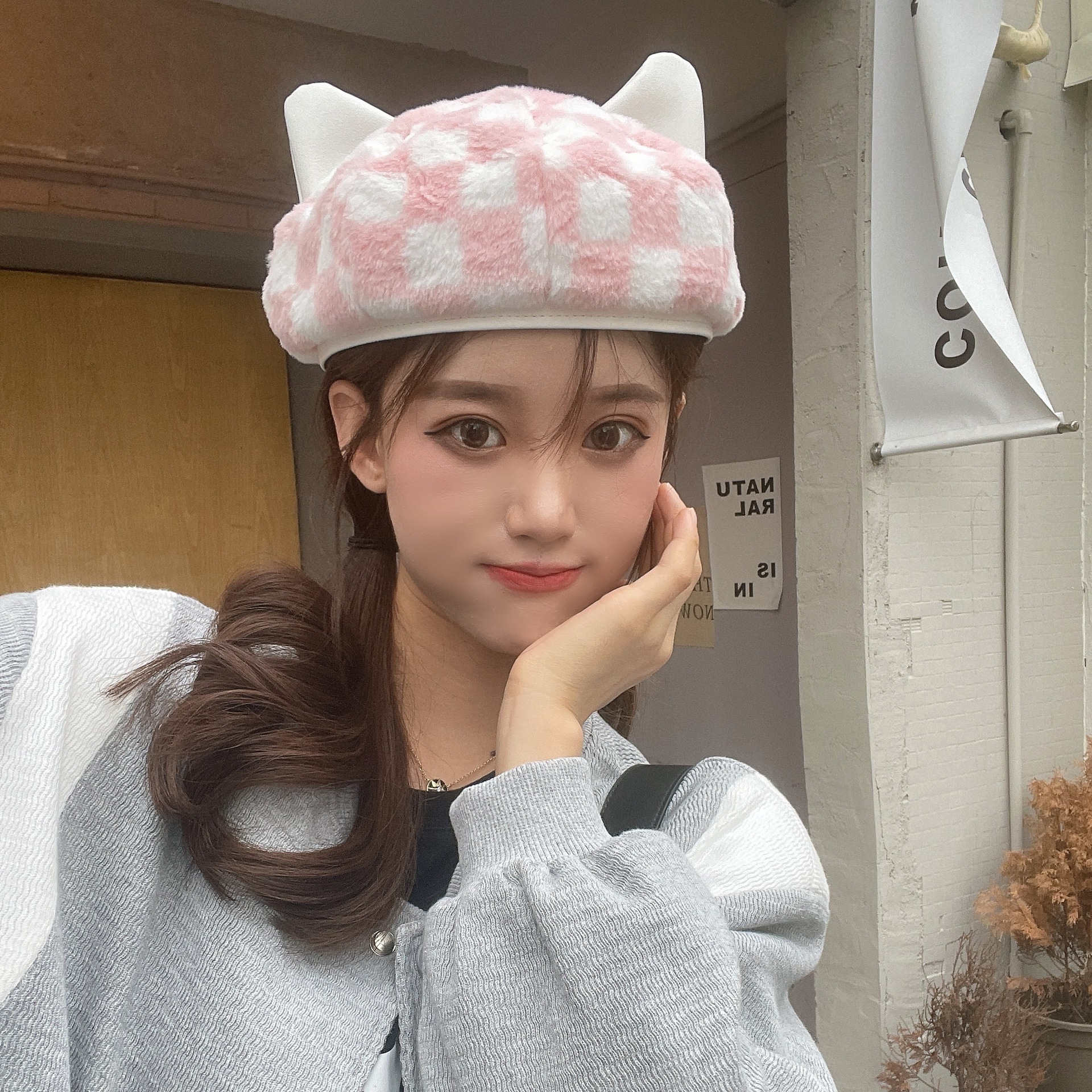帽子　ベレー帽　猫耳　レディース　ファッション　チェック柄　韓国風　秋冬　かわいい