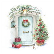 グリーティングカード クリスマス「Christmasの飾り付けがされた玄関」メッセージカード 小鳥