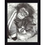 ポスター モノクロ写真「寄り添うチンパンジーと猫」サイズ/240×300mm