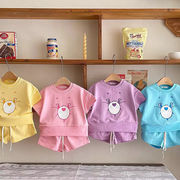 夏新作 韓国子供服 INS 人気 かわいい クマちゃん 半袖+ショートパンツ 純綿 カジュアルスーツ 4色