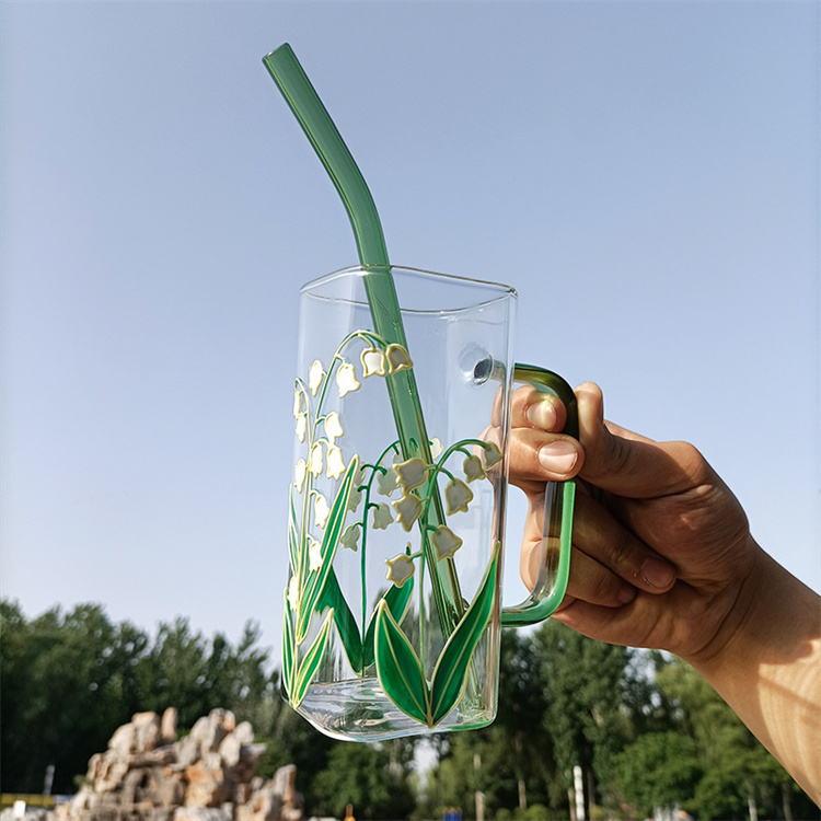 ジュースカップ 手描き フローラルパターン ガラス クリエイティブ クールカップ ハンドメイド