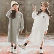 秋　女の子　無地　裾スリット Tシャツワンピース　カジュアル　可愛い　子供服　長袖　ワンピース