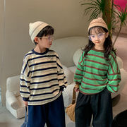 秋の新作子供服、韓国風子供服、長袖シャツ、ストライプ ロングスリーブ シャツ、長袖Tシャツ、90-140