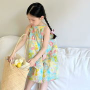 キッズワンピース　花柄　ノースリーブ　韓国風子供服　90-140cm 女の子夏物