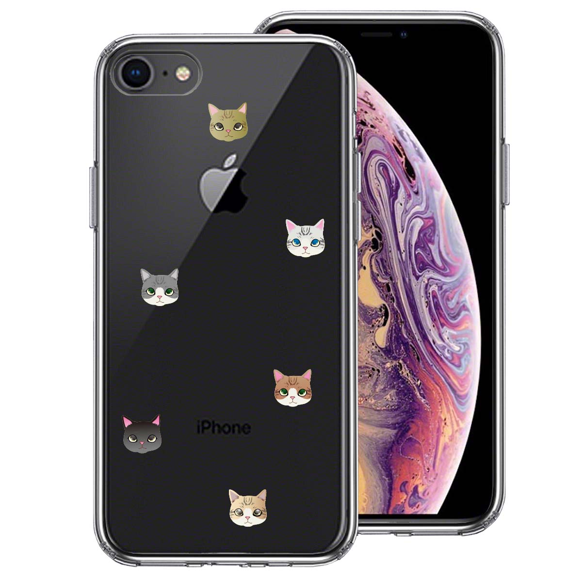 iPhone7 iPhone8 兼用 側面ソフト 背面ハード ハイブリッド クリア ケース にゃんこ 猫だらけ