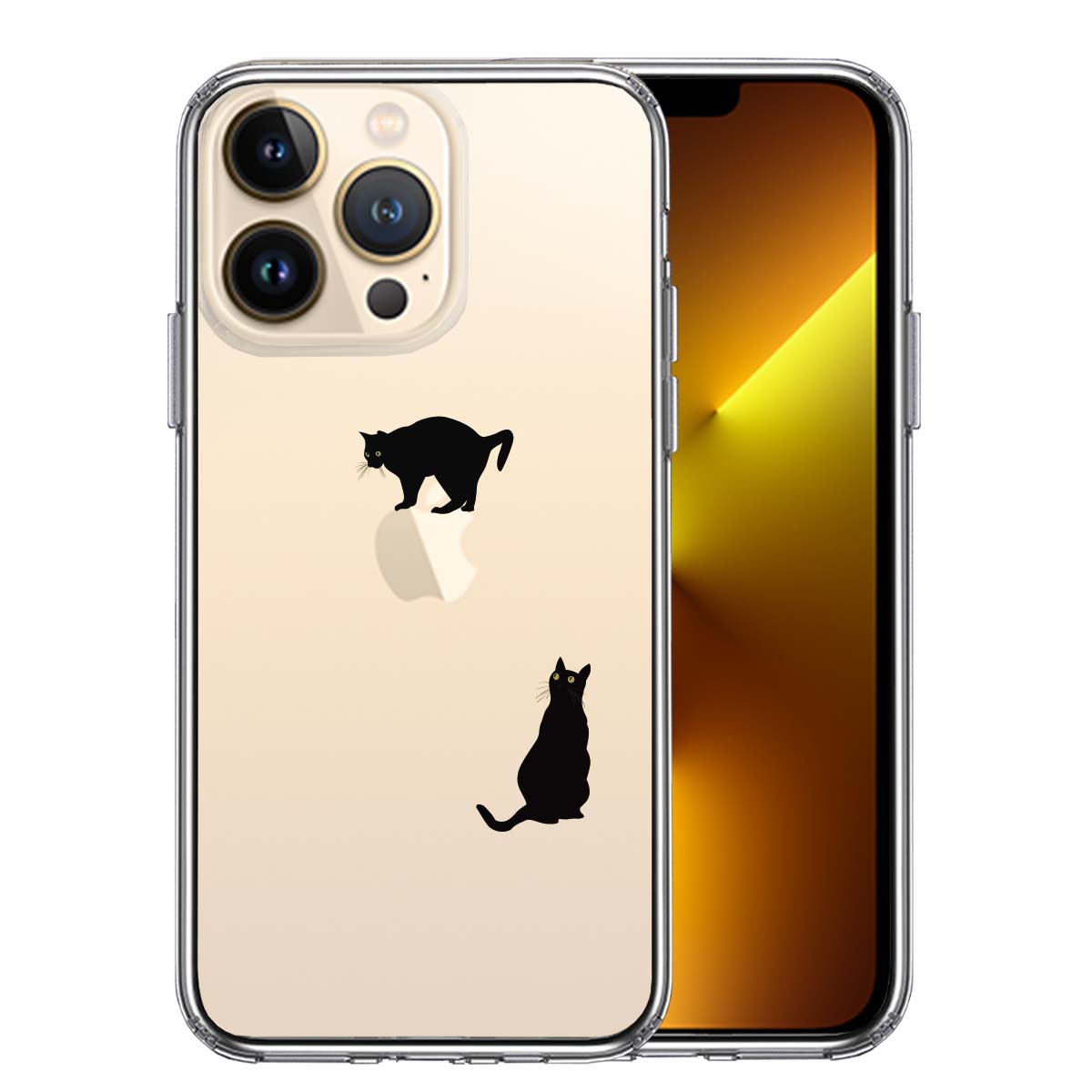 iPhone13 Pro 側面ソフト 背面ハード ハイブリッド クリア ケース 猫 りんご制覇 いいな