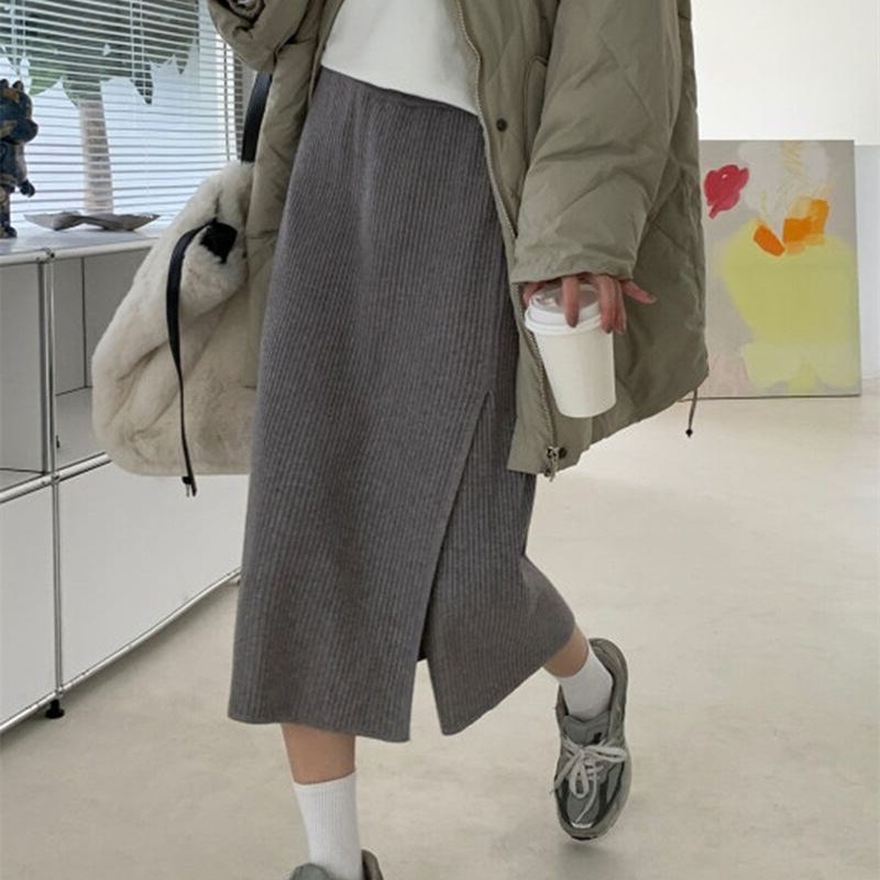 ニットスカート　ロングタイプ　秋冬　デザイン　レディース　韓国風　ファッション