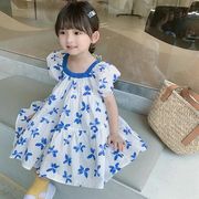 夏　  韓国ファッション　方襟　蝶半袖ワンピース　フリル 花柄シフトドレス　子供服　キッズ