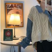韓国版飄々とした新しいデザイン フェイク2ピース デニム 縫付 人気 セーター ニットトップス