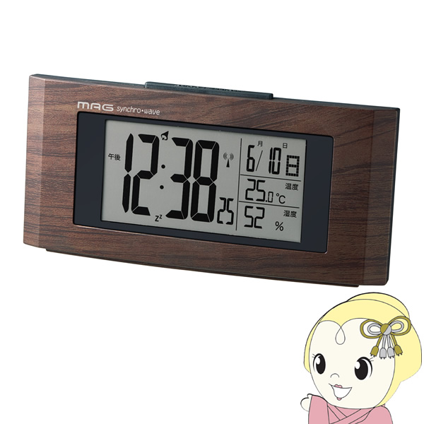 置き時計 デジタル ノア精密 MAG 電波 温度 湿度 カレンダー ウッドライン バックライト　スヌーズ機能