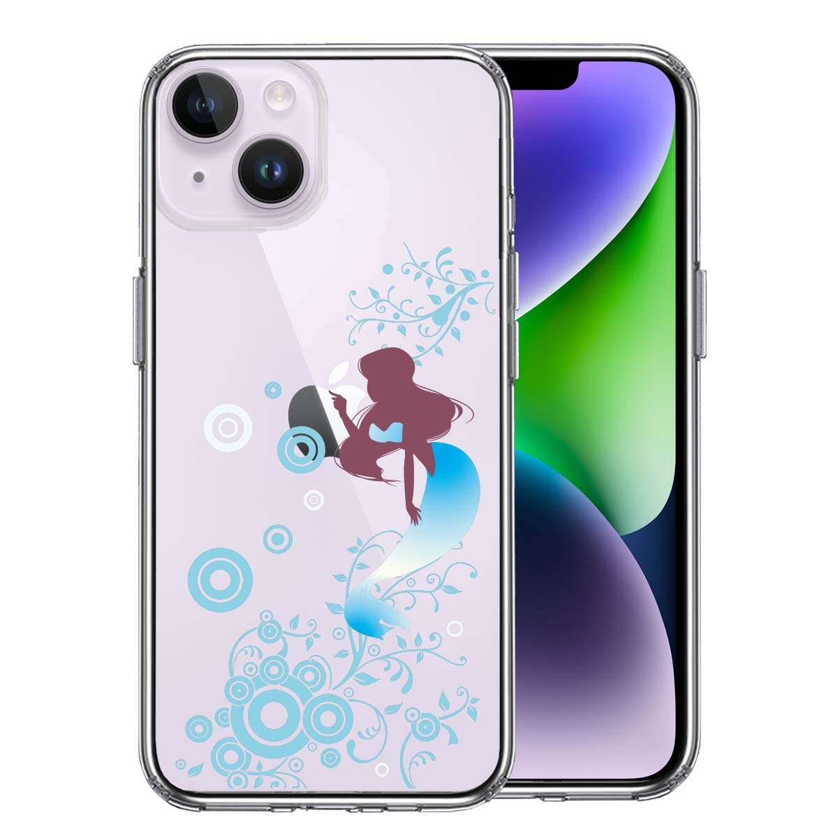 iPhone14 側面ソフト 背面ハード ハイブリッド クリア ケース マーメイド 人魚姫 ブルー