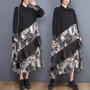 XY春と秋の新しい韓国版ゆったりとしたファッションプリント気質レジャー文芸シャツのワンピースJGX