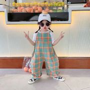 【春夏新作】韓国風子供服 パンツ 女の子男の子 チェック柄 吊りパンツ ズボン
