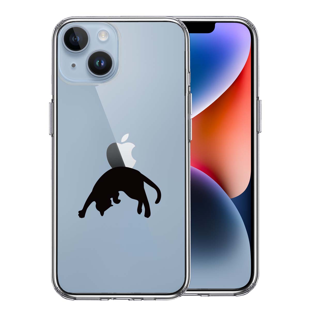 iPhone 14 Plus 側面ソフト 背面ハード ハイブリッド クリア ケース ねこ 猫 リンゴを乗せてみる