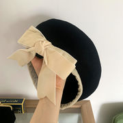 秋冬のプチガーリー韓国風三色ベルベットリボンウールベレー帽