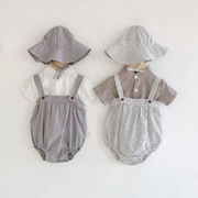 2022夏　子供服　女の赤ちゃん　可愛い　チェック柄キャミソール+帽子+半袖tシャツ　3点セット