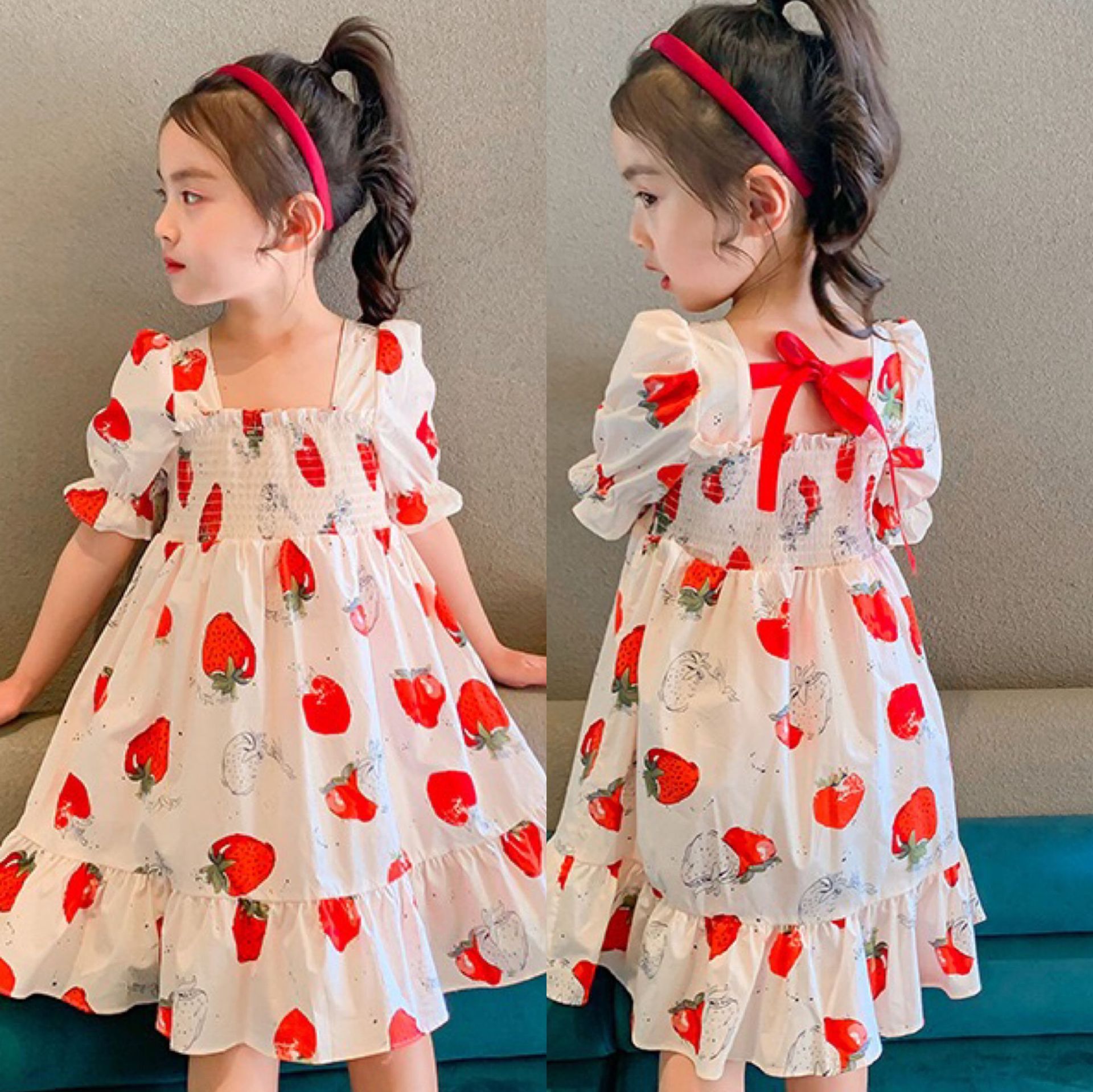 女の子  韓国子供服  ワンピース  イチゴの泡袖ワンピース 夏の薄手 甘い お姫様   リボン姫スカート