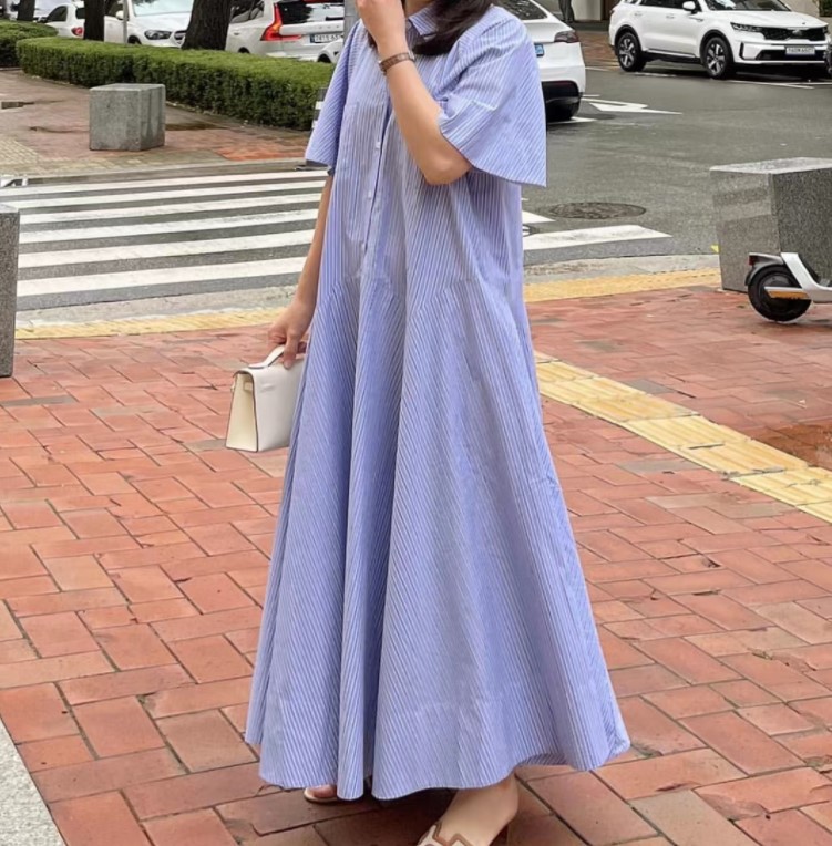 韓国おしゃれゆったりロングワンピース2023夏新作ストライプシャツスカート大きいサイズ