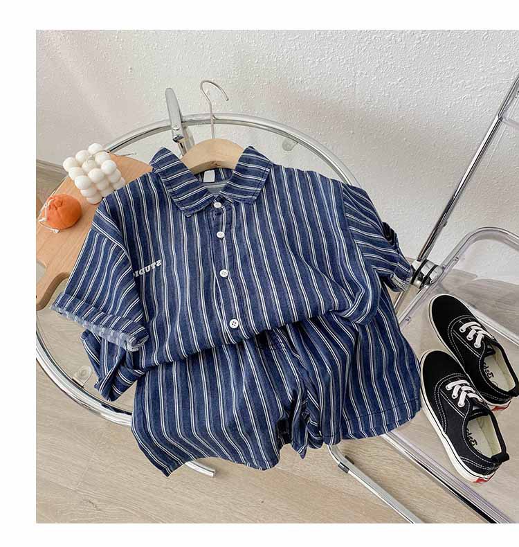 ins夏人気  韓国風子供服 ベビー服   キッズ   竪縞   半袖  Tシャツ+ズボン  セットアップ  男の子