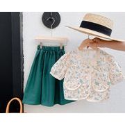 2023夏人気   韓国風子供服  キッズ   ベビー服  トップス+スカート  花柄  半袖  セットアップ  2色