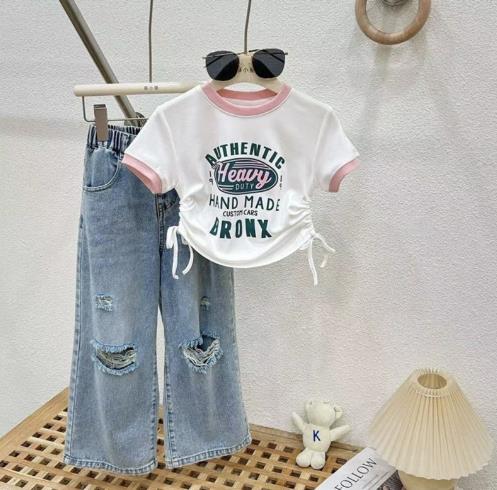 ins夏人気   韓国風子供服  キッズ  Tシャツ+ パンツ  ジーンズ ファッション セットアップ  3色