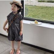 2023夏人気   韓国風子供服    ベビー服     キッズ    ロンパース    トップス   半袖  チェック  可愛い
